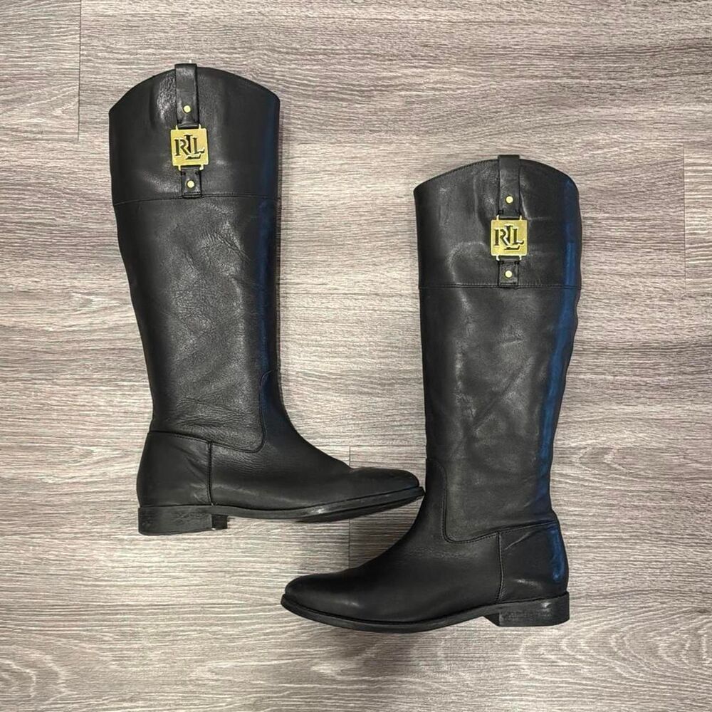 Ralph Lauren genuine leather knee high tall, black riding boots with buckle wome
